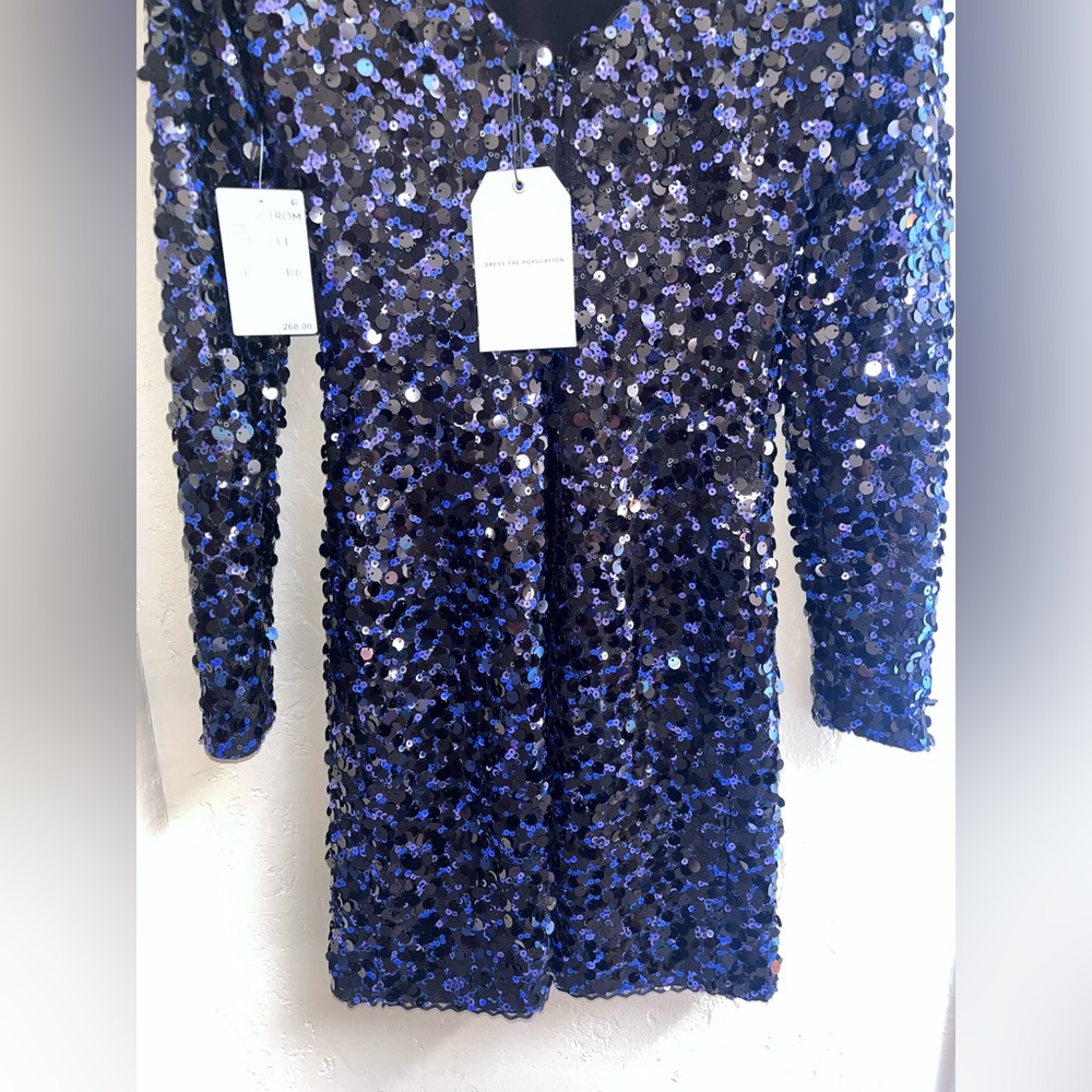 Dress the Population Blue Sequin Long Sleeve Dress